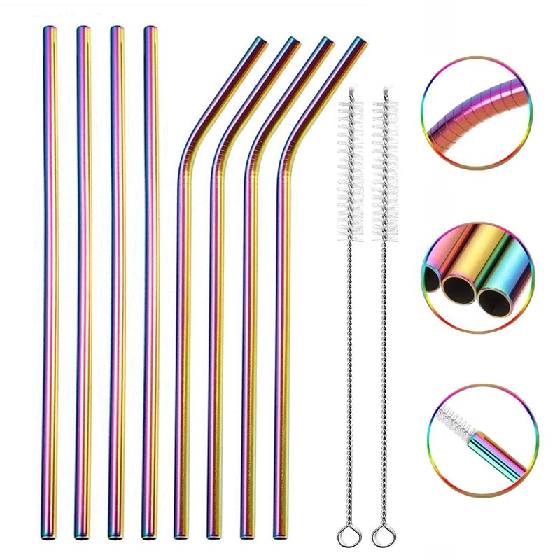 Multi-Colour Reusable Metal Straw Set with Cleaner Brush - SLEVATI