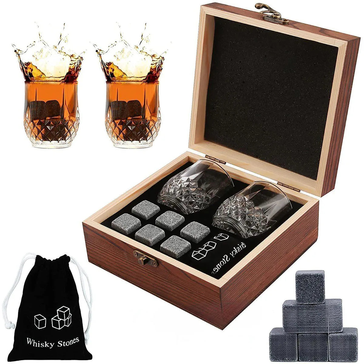 Gift Set - Whisky Glasses & Stones in Wooden Box - SLEVATI